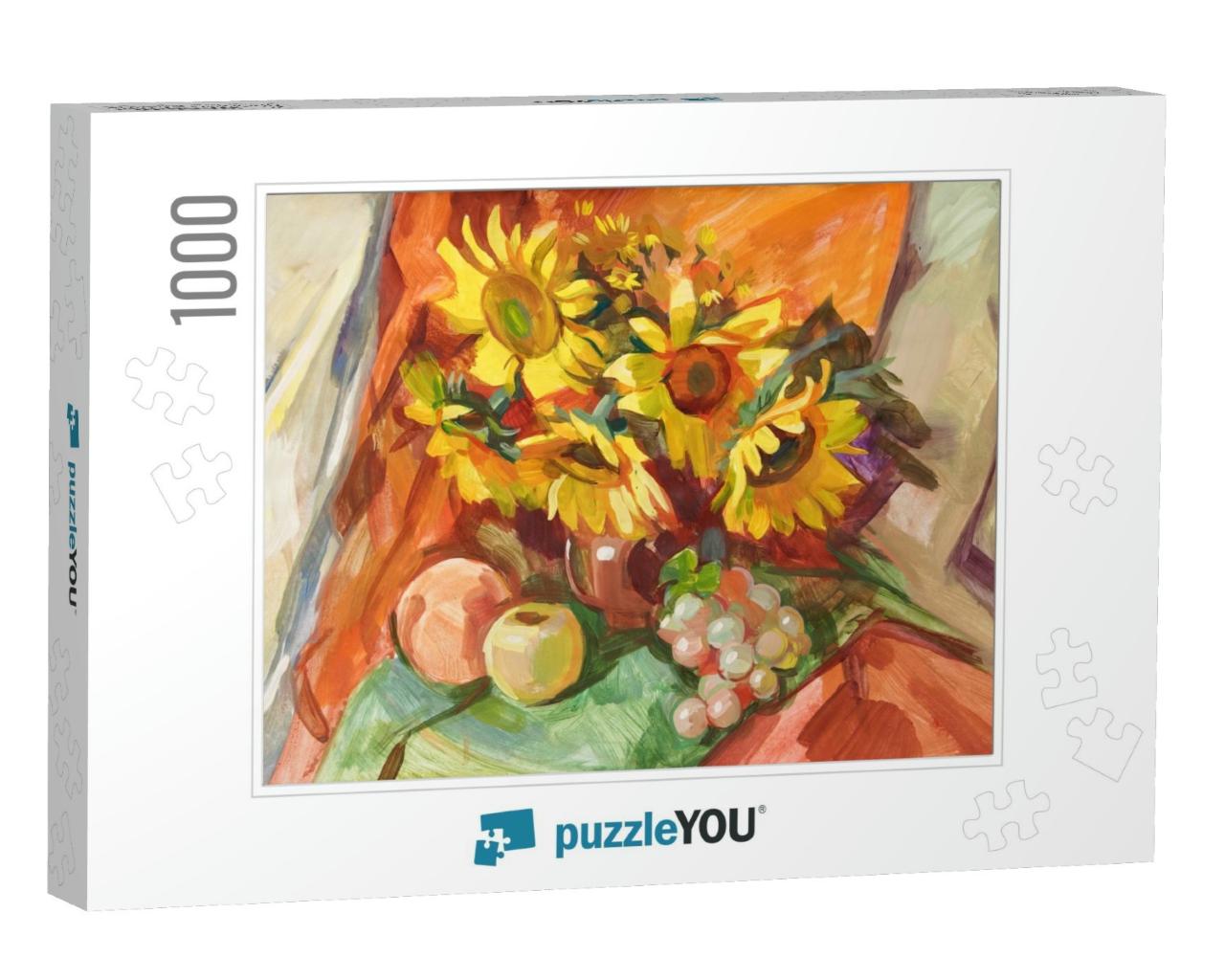 Still Life in Ukrainian Style with Fruits & Sunflowers. G... Jigsaw Puzzle with 1000 pieces