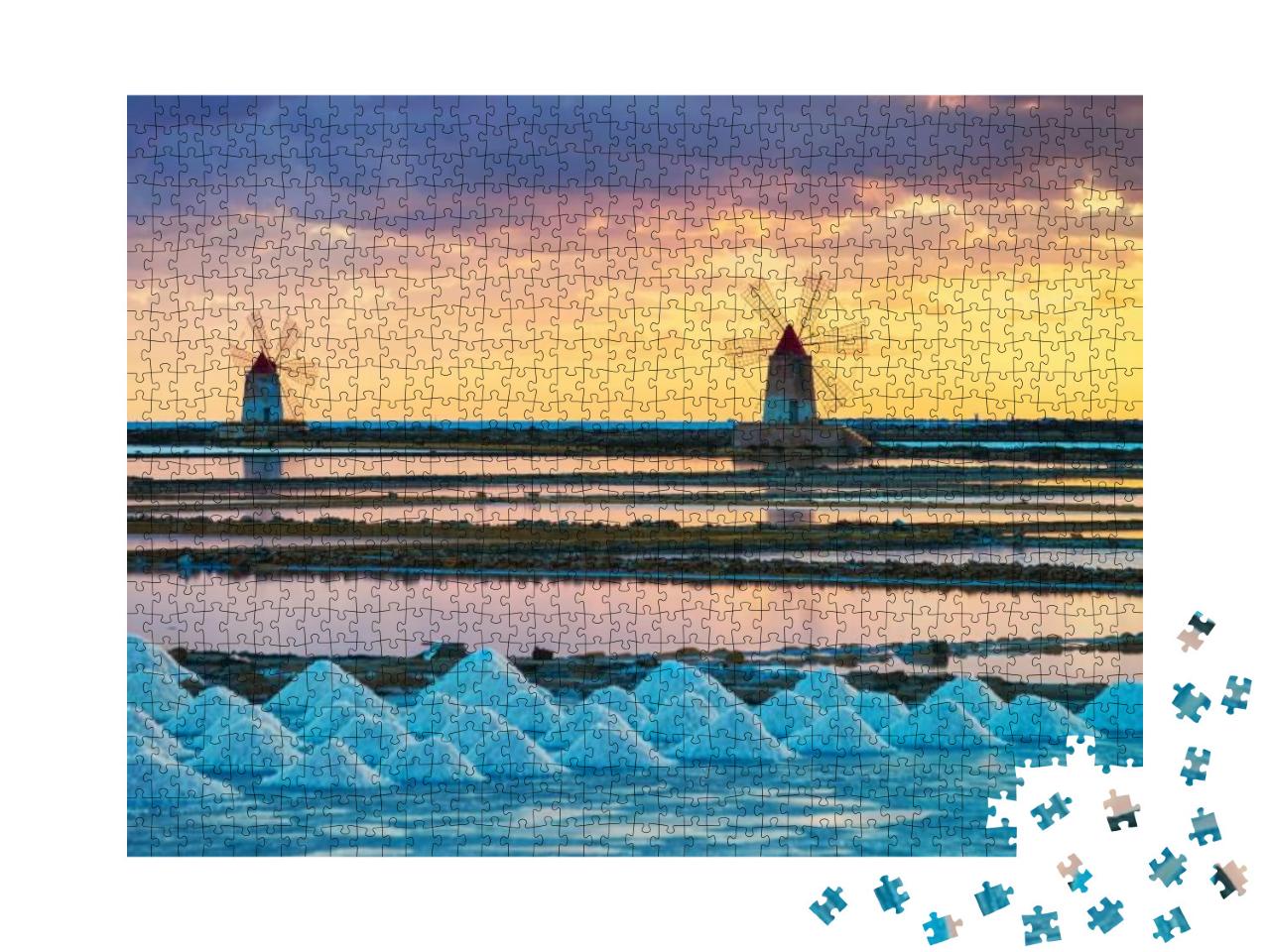 Sunset At Windmills in the Salt Evaporation Pond in Marsa... Jigsaw Puzzle with 1000 pieces