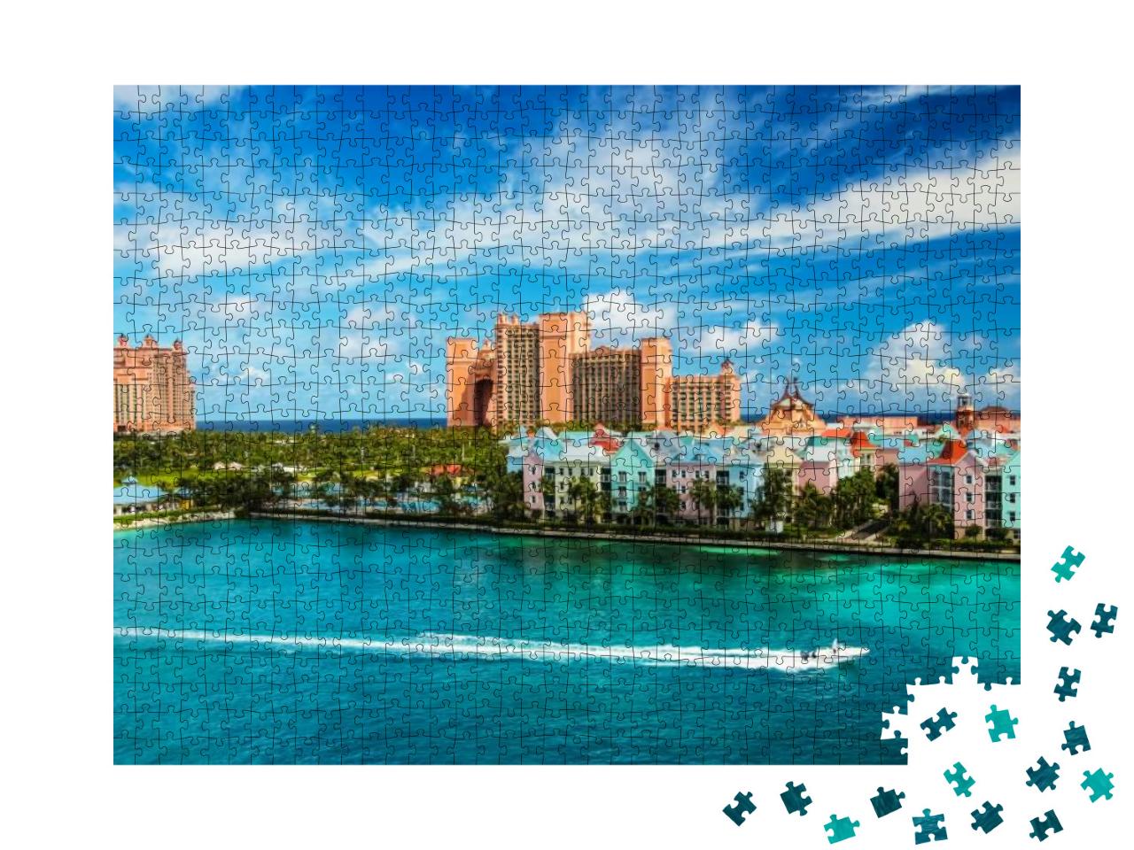 Beautiful Scene of Speed Boat, Ocean, Colorful Houses & a... Jigsaw Puzzle with 1000 pieces