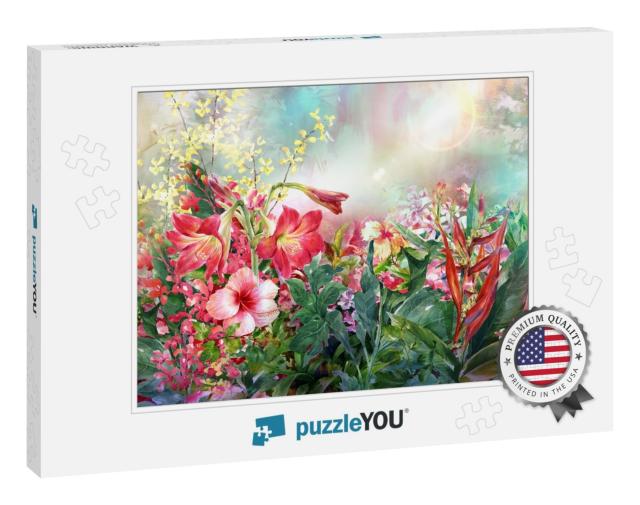 Bouquet of Multicolored Flowers Watercolor Painting Style... Jigsaw Puzzle