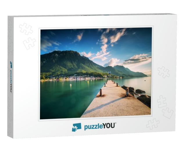 Sunset At Port Valais Town with Swiss Alps Near Montreux... Jigsaw Puzzle