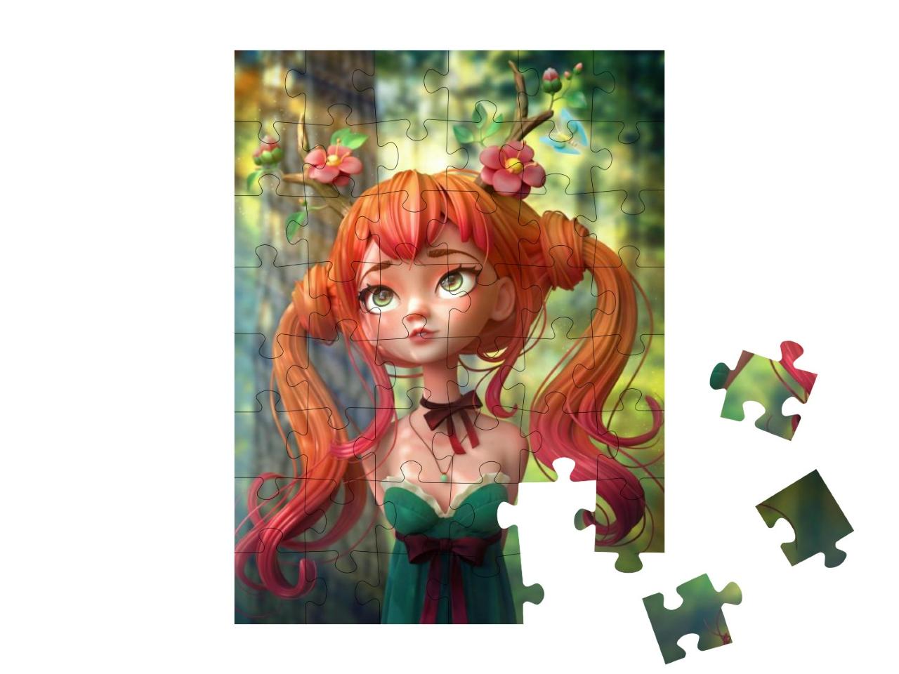 3D Cartoon Character Red-Haired Girl in a Green Dress wit... Jigsaw Puzzle with 48 pieces