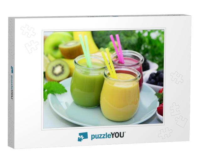 Different types of fruit smoothie with fresh fruit Jigsaw Puzzle
