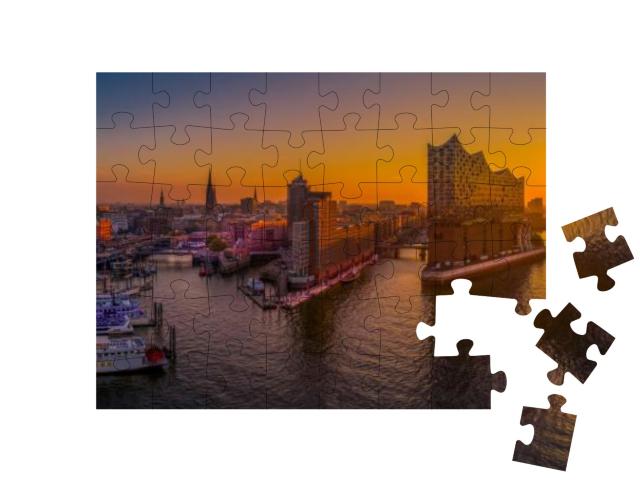 Sunrise in Hamburg with the Elbe Philharmonic Hall... Jigsaw Puzzle with 48 pieces