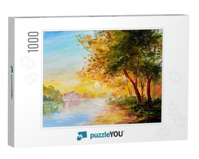 Oil Painting Landscape, River in the Spring Forest with S... Jigsaw Puzzle with 1000 pieces