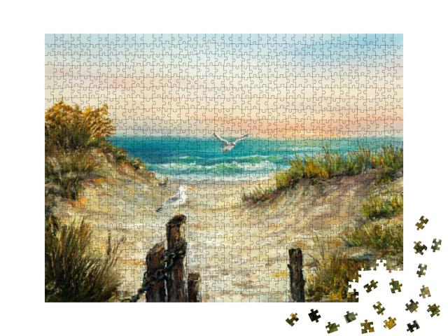 Original Oil Painting of Ocean Beach Dunes with Seagulls... Jigsaw Puzzle with 1000 pieces