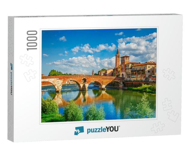 Panoramic View to Bridge Ponte Pietra in Verona on Adige... Jigsaw Puzzle with 1000 pieces