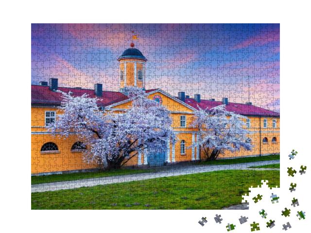 Spring Evening Scene in Wilhelmshohe Park. Blossom Cherry... Jigsaw Puzzle with 1000 pieces