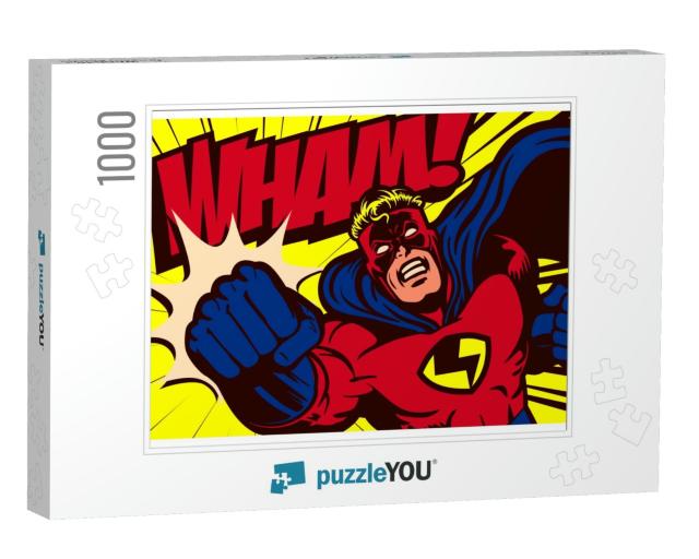 Pop Art Comic Book Style Superhero Punching Vector Poster... Jigsaw Puzzle with 1000 pieces