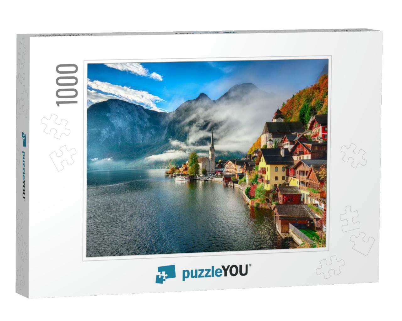 Foggy Autumnal Sunrise At Famous Hallstatt Lakeside Town... Jigsaw Puzzle with 1000 pieces