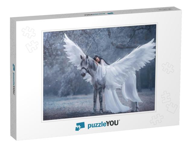 Beautiful, Young Elf, Walking with a Unicorn. Angel is We... Jigsaw Puzzle