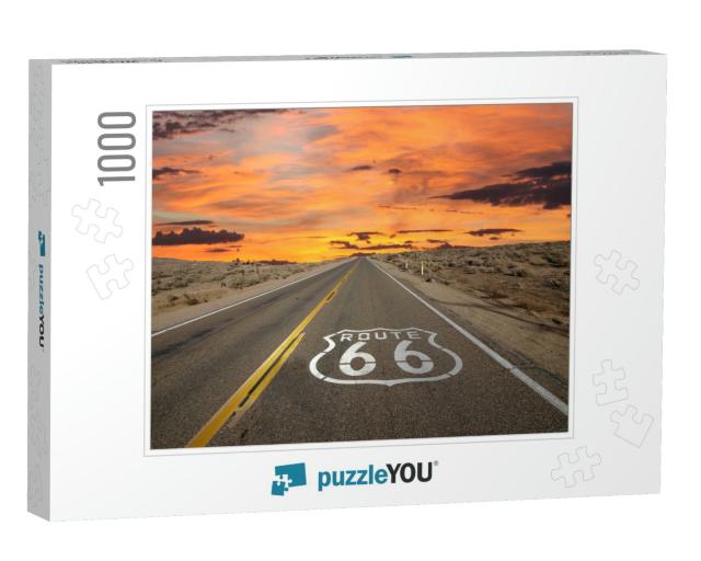 Route 66 Pavement Sign Sunrise in California's Mojave Des... Jigsaw Puzzle with 1000 pieces