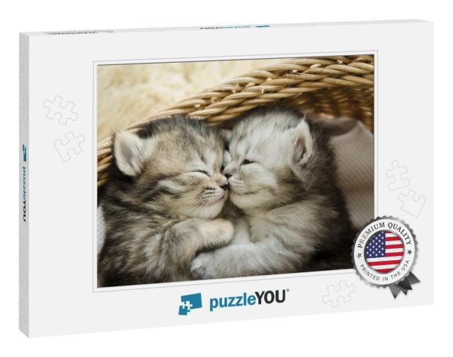 Cute Tabby Kittens Sleeping & Hugging in a Basket... Jigsaw Puzzle