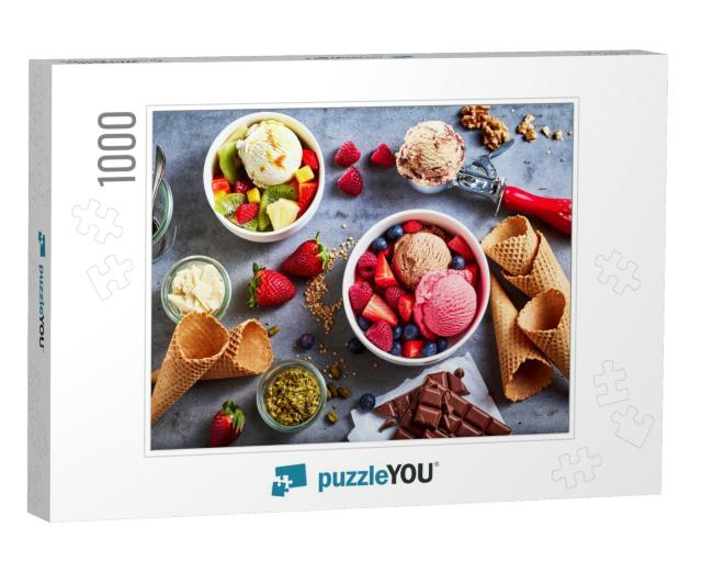 Fresh Fruit with Scoops of Creamy Specialty Ice Cream in... Jigsaw Puzzle with 1000 pieces