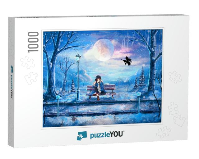Anime Girl Sitting in the Park... Jigsaw Puzzle with 1000 pieces