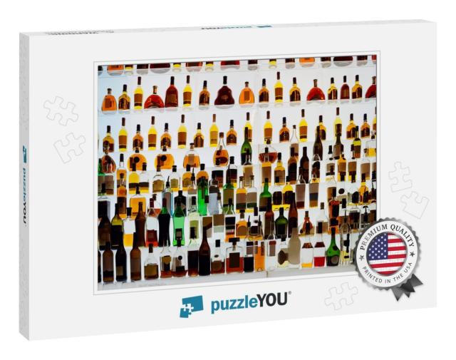 Various Alcohol Bottles in a Bar, Back Light, All Logos R... Jigsaw Puzzle