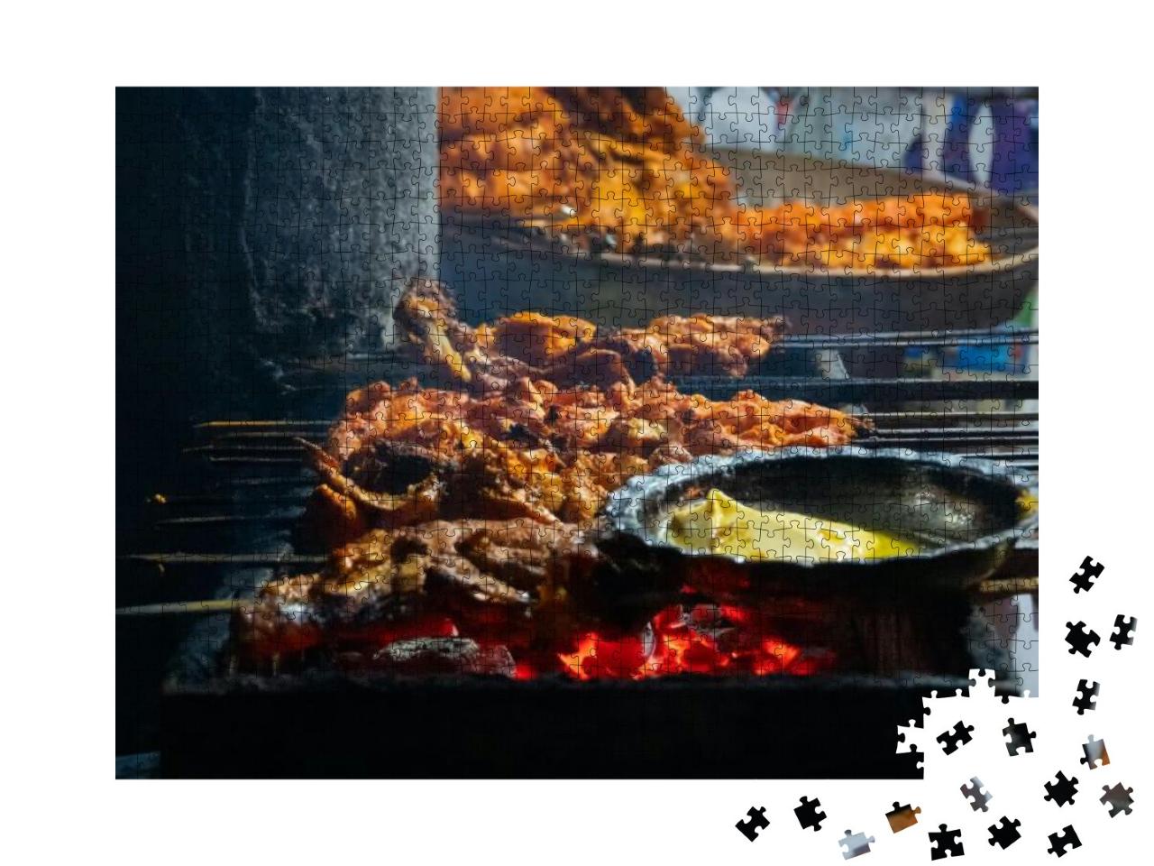 Spicy Chicken Seekh Kababs Are Being Grilled with Charcoa... Jigsaw Puzzle with 1000 pieces