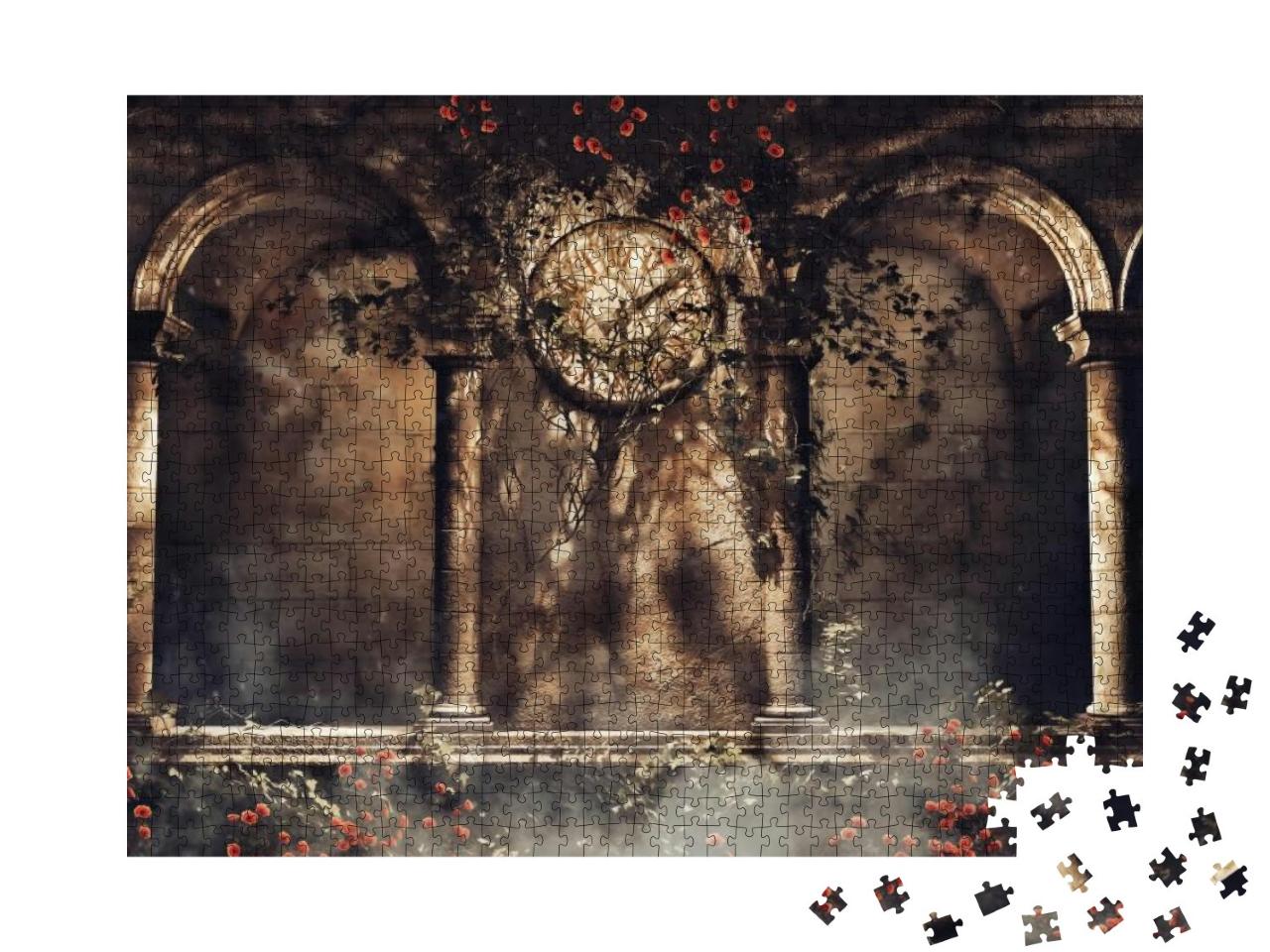 Vintage Gothic Arches with Vines, Roses & an Old Clock. 3... Jigsaw Puzzle with 1000 pieces