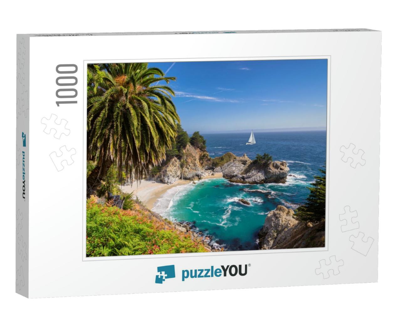 Beautiful Beach with Palm Trees & the White Yacht on the... Jigsaw Puzzle with 1000 pieces
