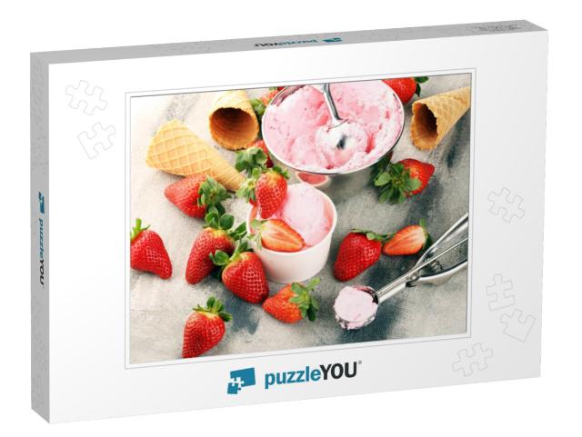 Strawberry Ice Cream Scoop with Fresh Strawberries & Ice... Jigsaw Puzzle