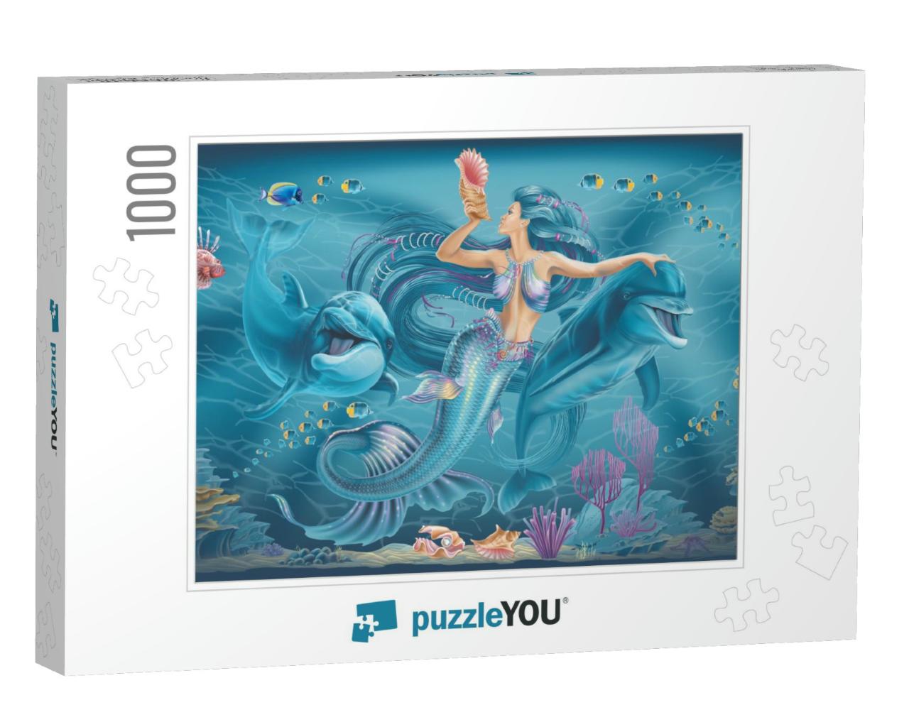 Mermaid & Dolphins Illustration... Jigsaw Puzzle with 1000 pieces