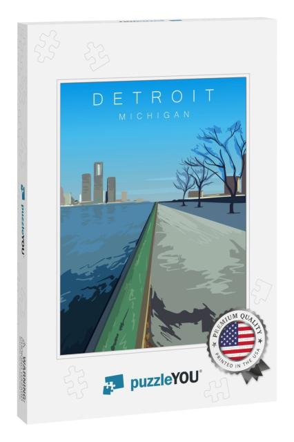 Detroit Modern Vector Poster. Detroit, Michigan Landscape... Jigsaw Puzzle