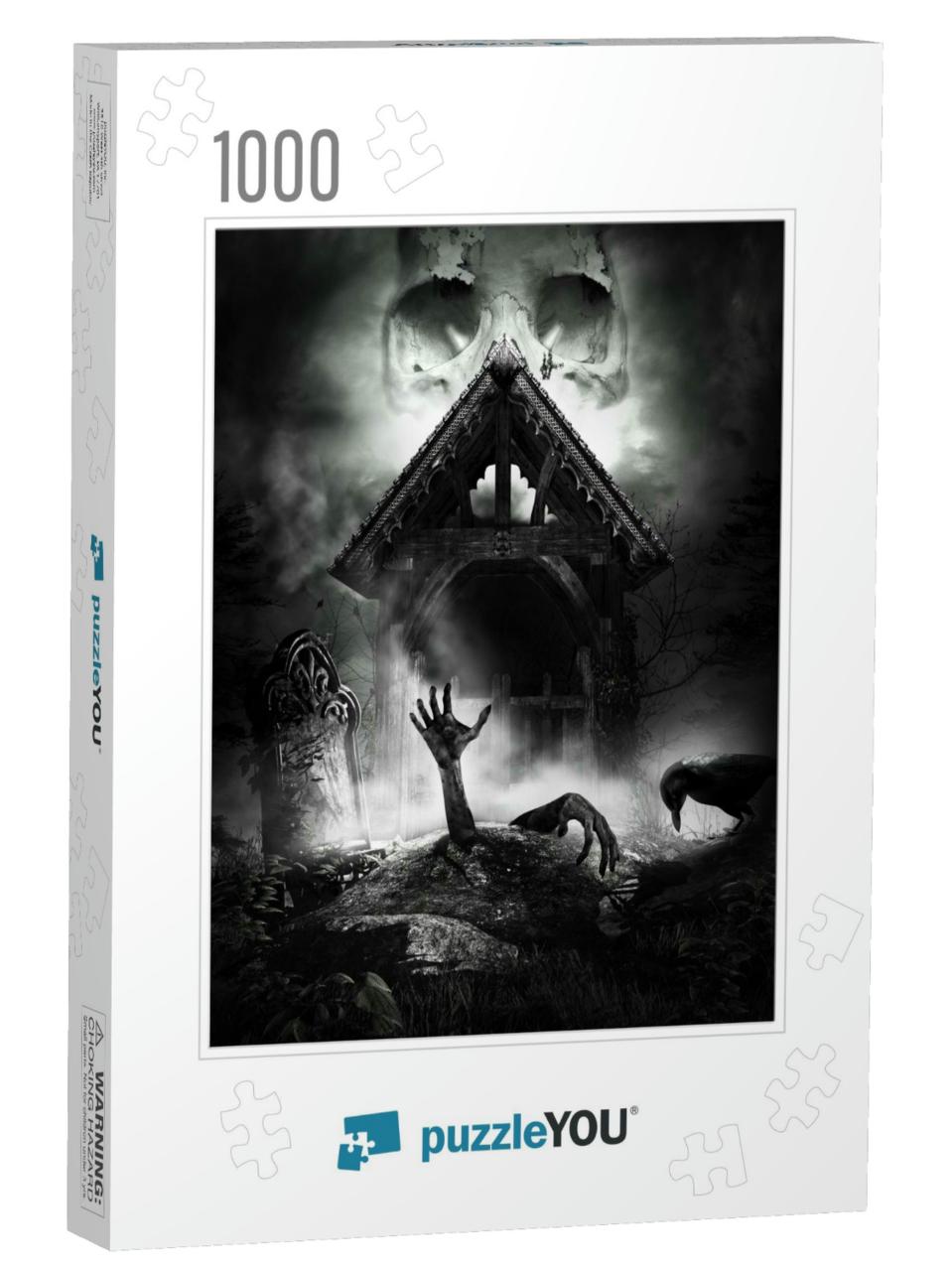 Gothic Scene with Tombstone & Raising Zombie. 3D Illustra... Jigsaw Puzzle with 1000 pieces