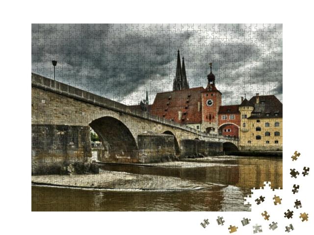 Regensburg Old Town View with Stone Bridge & Cathedral St... Jigsaw Puzzle with 1000 pieces