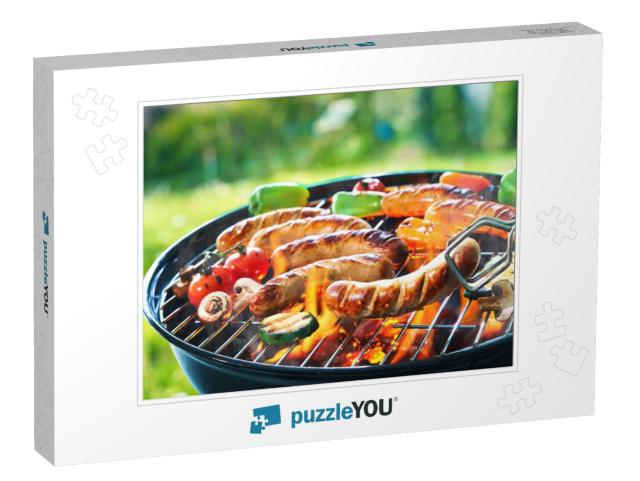 Grilled sausage on the picnic flaming grill Jigsaw Puzzle