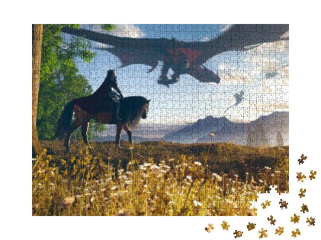 The King Ride a Black Horse Through a Spring Grass & Tree... Jigsaw Puzzle with 1000 pieces