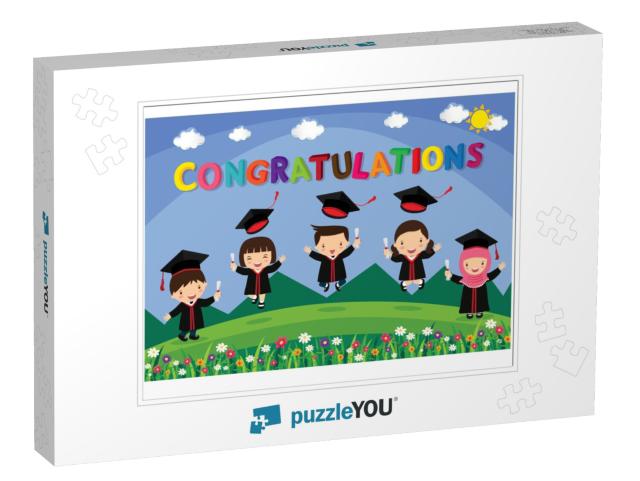 Congratulated Kids Graduate. Happy Student Jumping... Jigsaw Puzzle