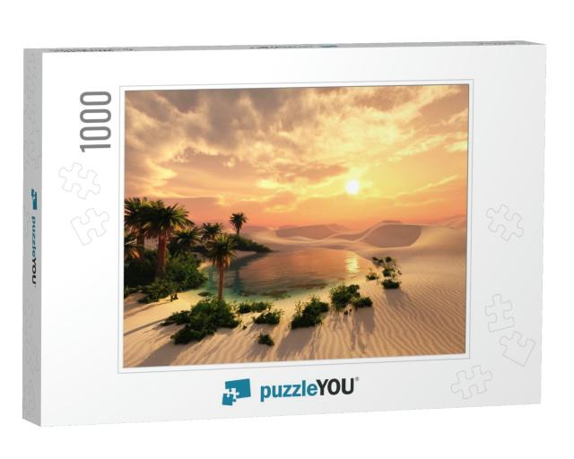 Oasis At Sunset in a Sandy Desert, a Panorama of the Dese... Jigsaw Puzzle with 1000 pieces