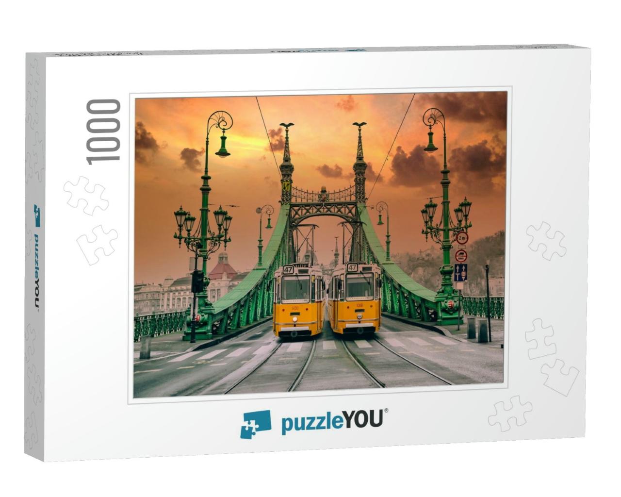 Two Old Yellows Trams on the Liberty Bridge in Budapest... Jigsaw Puzzle with 1000 pieces