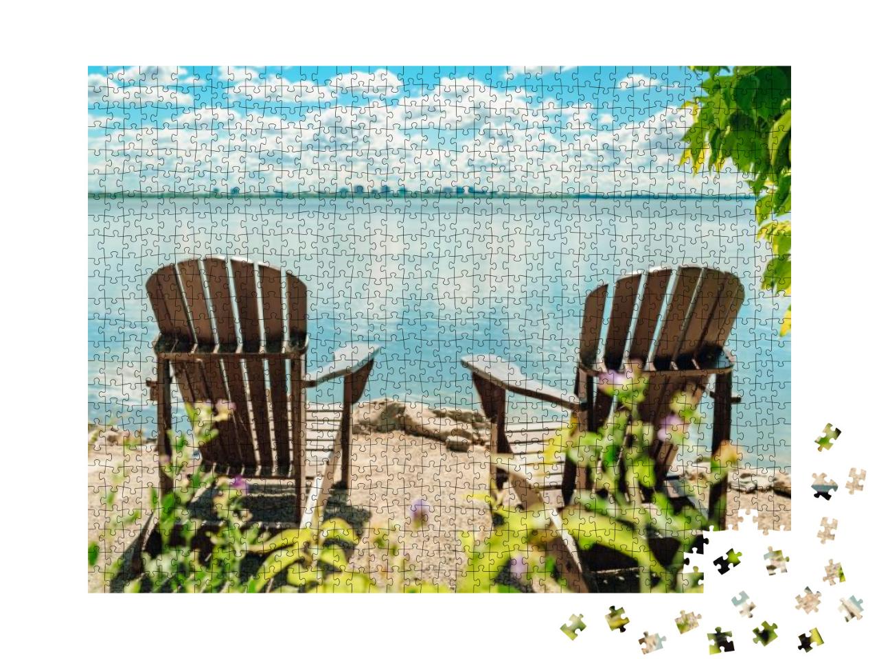 Two Muskoka Chairs by the Water on Home Terrace with Calm... Jigsaw Puzzle with 1000 pieces