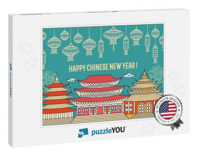 Chinese New Year Flat Thin Line Greeting Card Temp... Jigsaw Puzzle