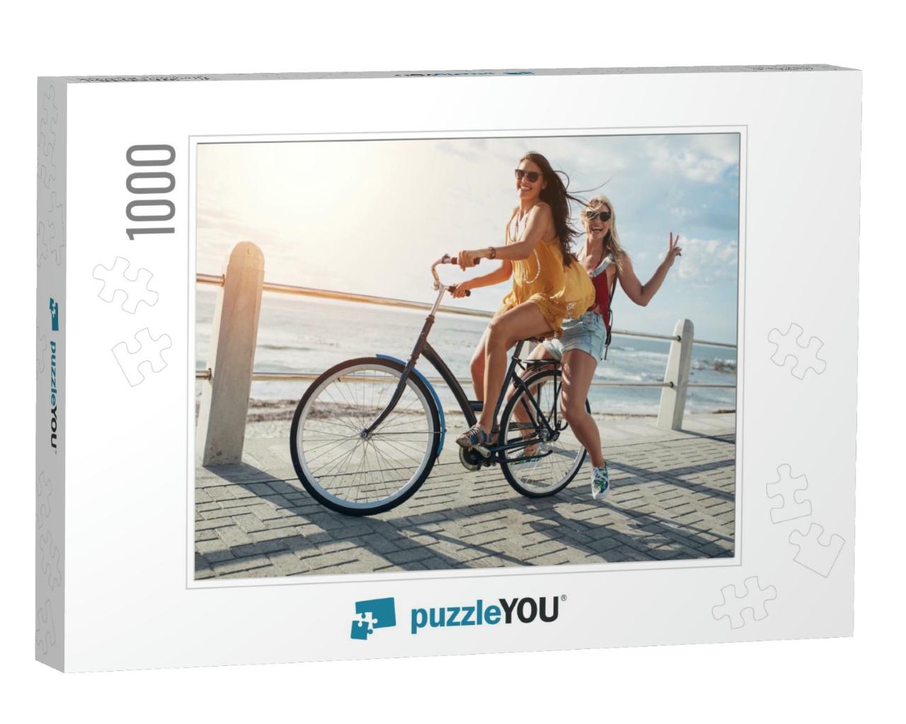 Two Stylish Young Female Friends on a Bicycle Along Seasi... Jigsaw Puzzle with 1000 pieces