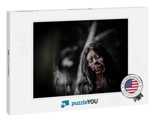 Portrait of Asian Woman Make Up Ghost Face with Blood, Ho... Jigsaw Puzzle