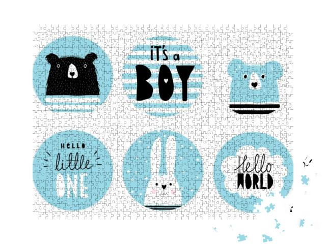 Hand Drawn Candy Bar Baby Shower Vector Tags. Blue... Jigsaw Puzzle with 1000 pieces