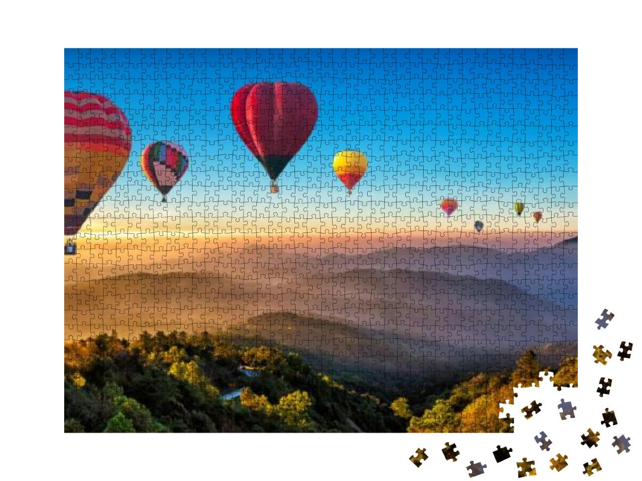 Colorful Hot Air Balloons Flying Over Mountain At Dot Int... Jigsaw Puzzle with 1000 pieces