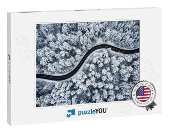 Curvy Windy Road in Snow Covered Forest, Top Down Aerial... Jigsaw Puzzle