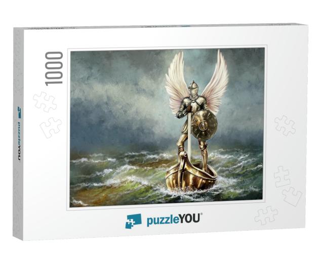 Digital Oil Paintings Sea Landscape, Angel with a Shield... Jigsaw Puzzle with 1000 pieces