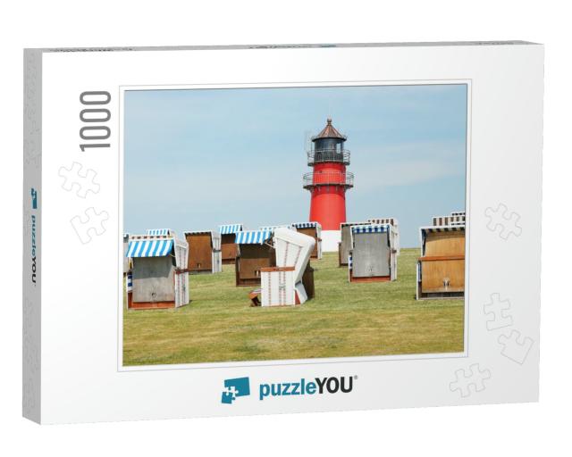 Dike or Dyke with Hooded Beach Chairs & Lighthouse in Bue... Jigsaw Puzzle with 1000 pieces