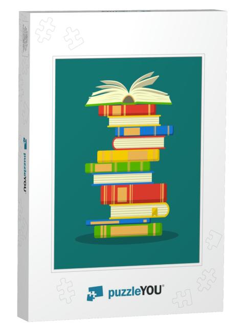 Stack of Colorful Books with Open Book on Teal Background... Jigsaw Puzzle