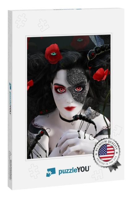 Dark Gothic Portrait of a Woman with Surreal Poppies & Bu... Jigsaw Puzzle