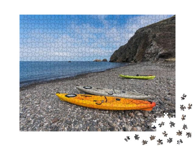Stoney Beach Cove with Kayaks Near Scorpion Ranch on Sant... Jigsaw Puzzle with 1000 pieces