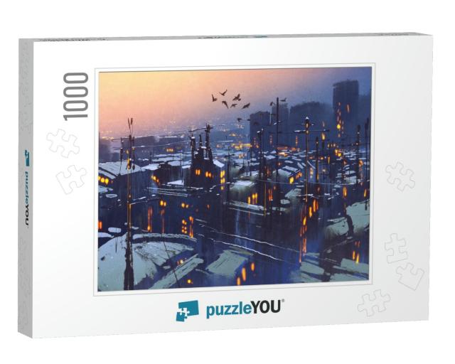 Painting of City Snowy Winter Scene, Rooftops Covered wit... Jigsaw Puzzle with 1000 pieces