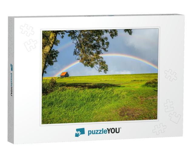 Rainbow in Sky Clouds Over Rural House Lawn Summer Field... Jigsaw Puzzle
