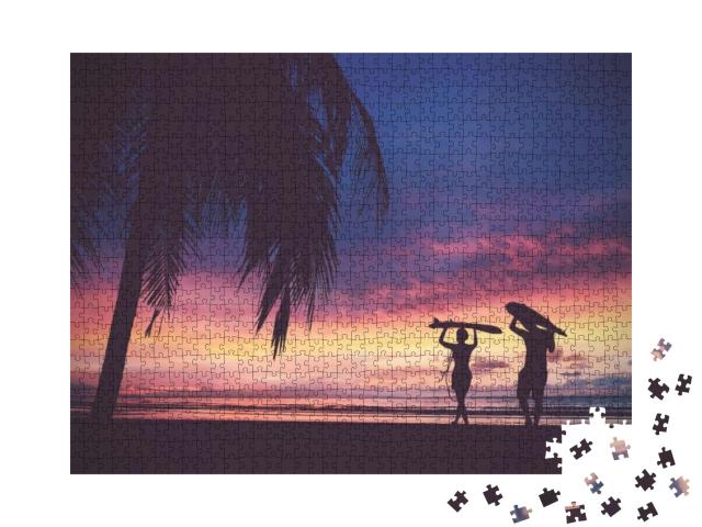 Silhouette of Surfer People Carrying Their Surfboards on... Jigsaw Puzzle with 1000 pieces