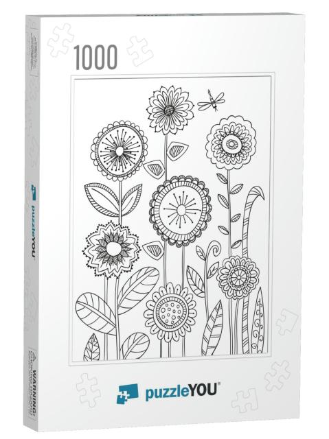 Coloring Book Page with Flowers in Zentagle Stily. Hand D... Jigsaw Puzzle with 1000 pieces