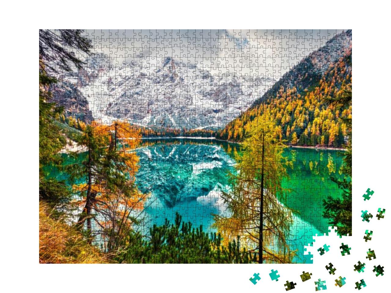 First Snow on Braies Lake. Colorful Autumn Landscape in I... Jigsaw Puzzle with 1000 pieces